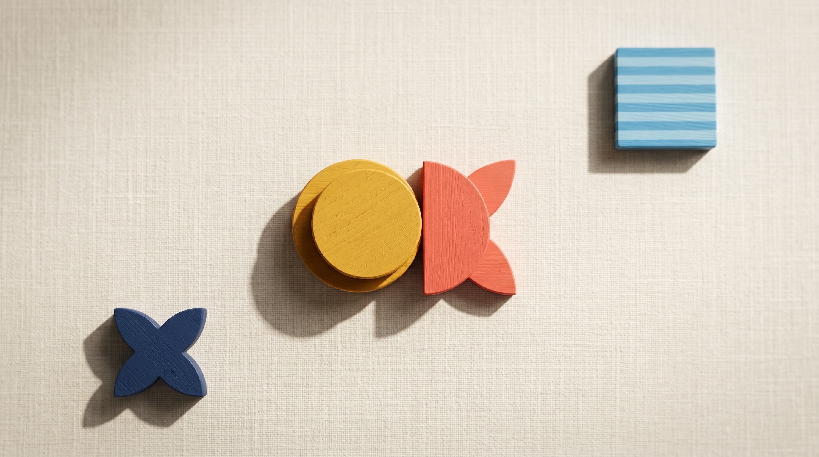 Golden circle overlapping a coral half-moon in the center surrounded by single spaced Bauhaus blocks on cream linen