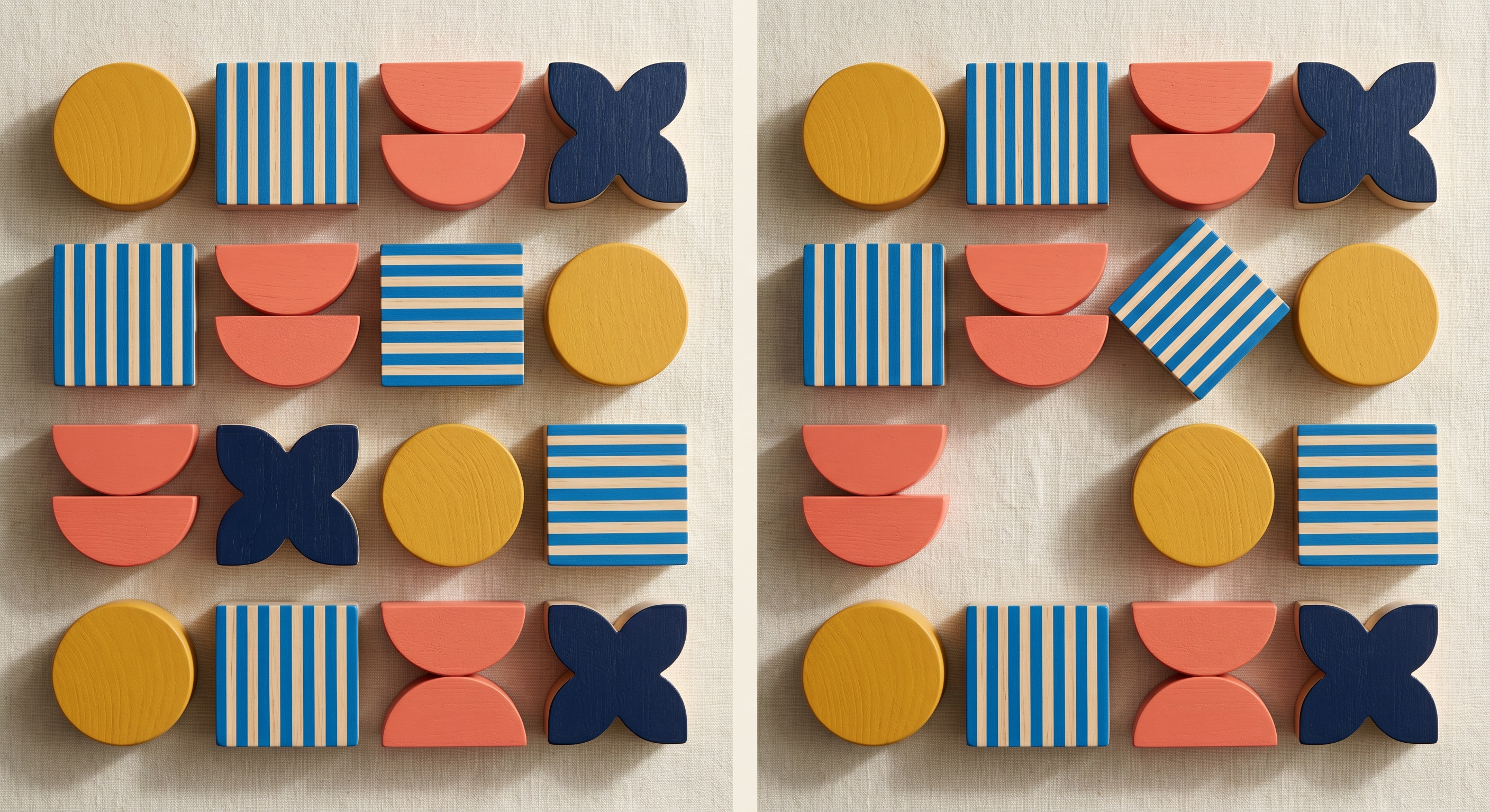 Orderly grid of Bauhaus blocks on the left mirrored by a disrupted grid with misaligned pieces on the right